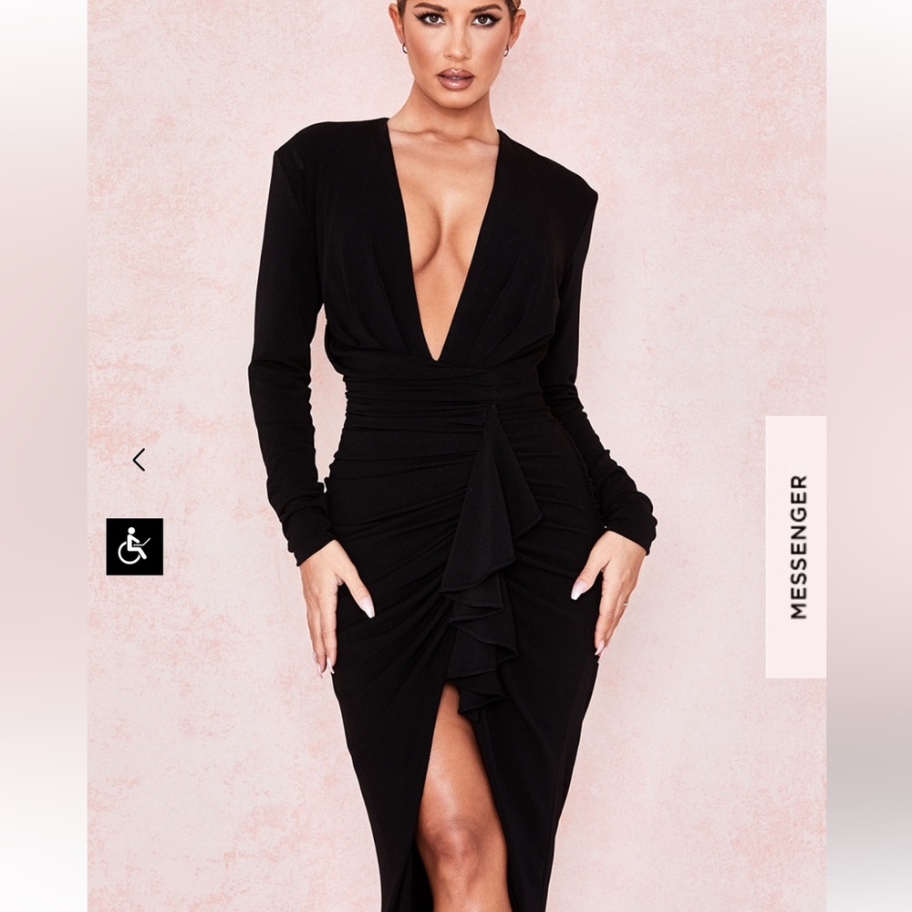 MIRA BLACK DEEP PLUNGE MIDI DRESS - Picture 3 of 15